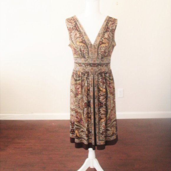 Perceptions Dresses & Skirts - Perceptions Sze 8 Brn, Gold,Yellow, Rust Paisley Deep V Neck Dress Wide …